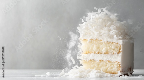 Close-up of a slice of cake on a white surface. the cake is a three-tiered cake with a layer of white frosting on top.