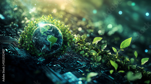 Fototapeta Naklejka Na Ścianę i Meble -  A conceptual illustration of environmental technology and sustainable development goals (SDGs), incorporating elements of NASA imagery in a 3D-rendered design