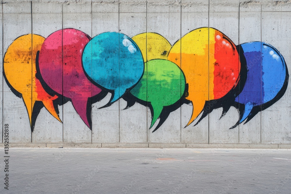 Naklejka premium Colorful speech and thought bubbles in graffiti style adorn a flat concrete wall. The playful and expressive design captures the essence of street art and urban communication. 