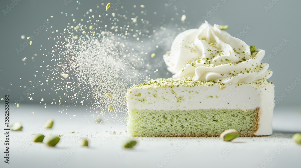 Slice of cake with a white frosting on top. the cake is square in shape and has a light green color.