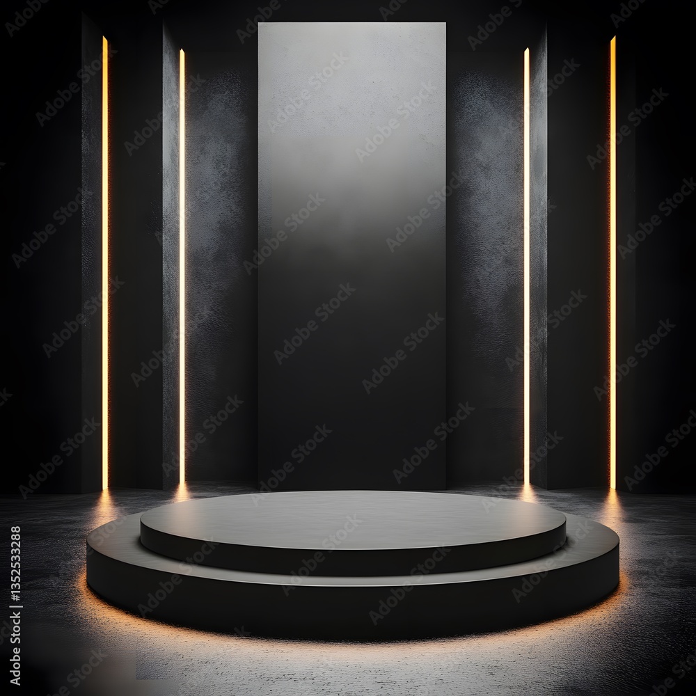 A matte black podium with sharp geometric edges, placed in a high-contrast lighting setup A matte black podium with sharp geometric edges, placed in a high-contrast lighting setup