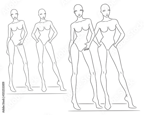 A professional fashion croquis template featuring two female models posing. This clean and minimalistic line art sketch is perfect for fashion designers, illustrators to create stylish outfit designs