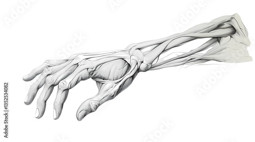Human Hand Anatomy Drawing in Detailed Monochrome Illustration on Black