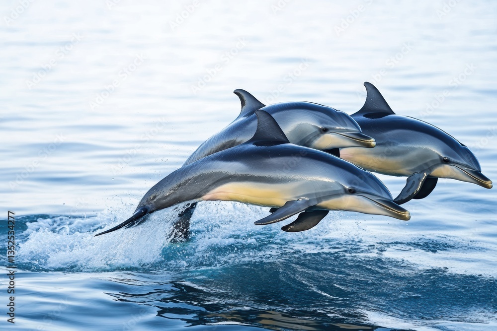 Fototapeta premium Dolphins leap gracefully over the ocean waves in breathtaking display of agility
