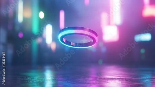 A glowing, futuristic ring hovers in a vibrant, neon-lit urban environment.