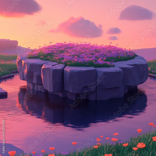 Floating island of rock covered in flowers on a pond