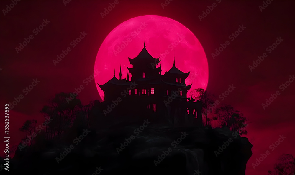 Mysterious silhouette of an ancient temple against a vibrant red moon in a dark sky Mysterious silhouette of an ancient temple against a vibrant red moon in a dark sky