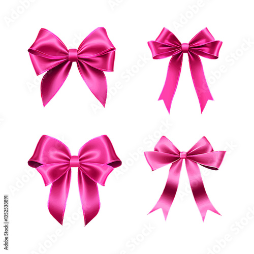 Set of decorative bright pink bows isolated on a transparent background. Vector illustration