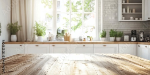 A kitchen featuring a wooden table in the foreground and a window