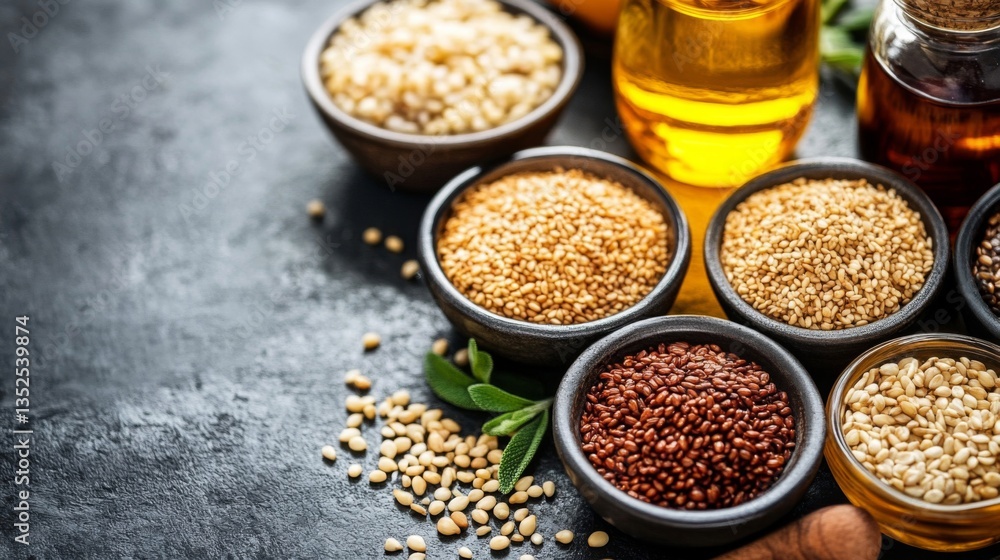 Various Seeds and Grains in Bowls with Oil Various Seeds and Grains in Bowls with Oil