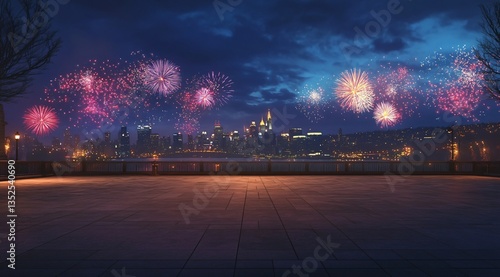 A nighttime cityscape featuring fireworks above, with a spacious square, road surface, and parking lot below, ideal for a car advertisement. The image showcases a modern commercial setting, capturing 