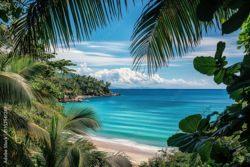 Fototapeta premium Tropical beach with palm trees and crystal clear turquoise water under a bright blue sky