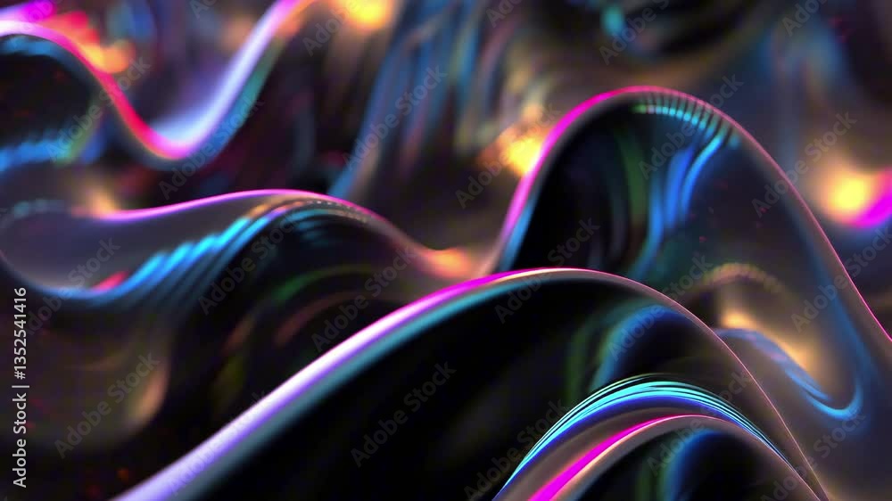 Shiny holographic black waves reflecting pink and blue neon light with smooth abstract folds. Cyber glitch aesthetic visual concept Shiny holographic black waves reflecting pink and blue neon light with smooth abstract folds. Cyber glitch aesthetic visual concept