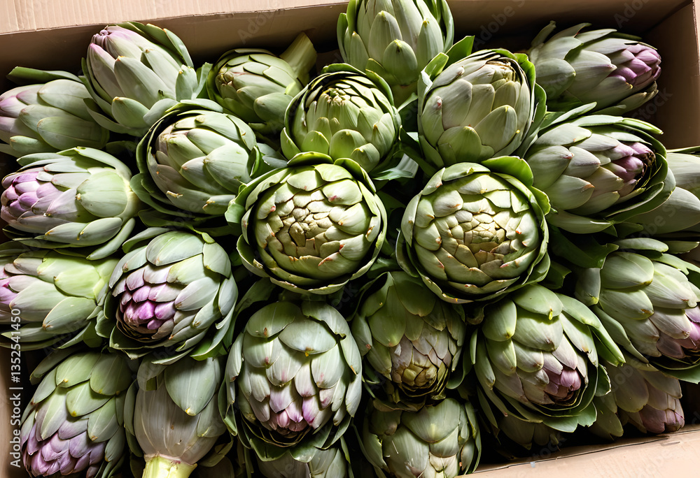 Fototapeta premium Freshly picked artichokes, their leafy petals arranged in neat bundles.