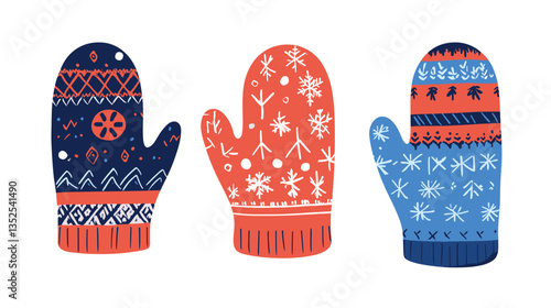 Set of three modern illustrated mittens featuring unique patterns and colors perfect for winter weather and fashion