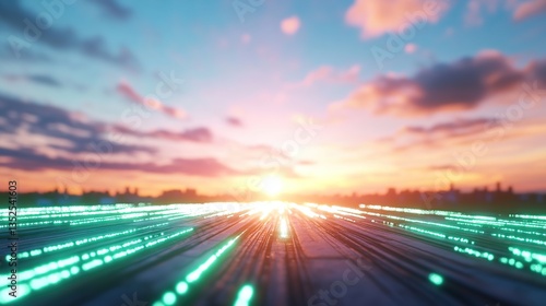 A vibrant sunset over a futuristic landscape with glowing lines suggesting movement.