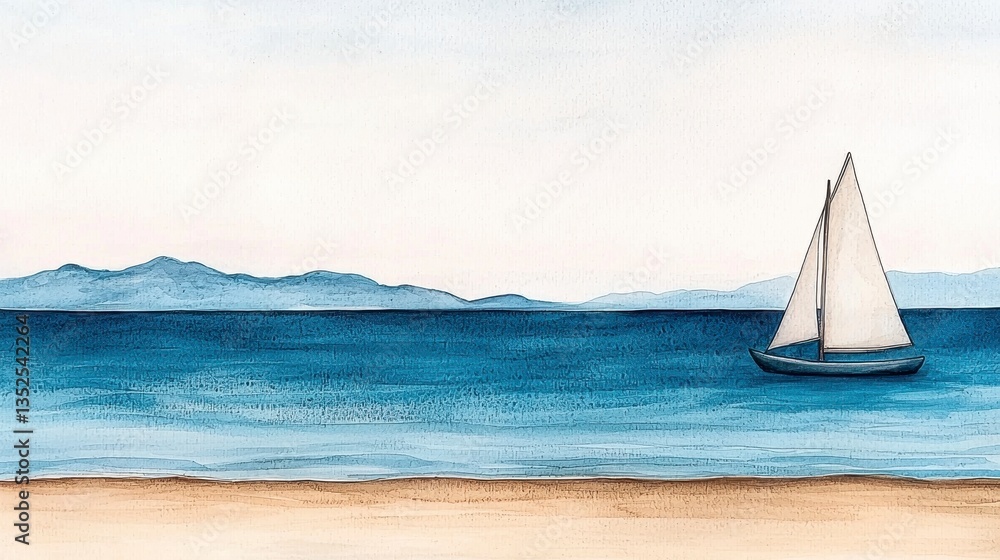 Obraz premium Seascape Painting Sailboat on Calm Blue Sea with Distant Mountains