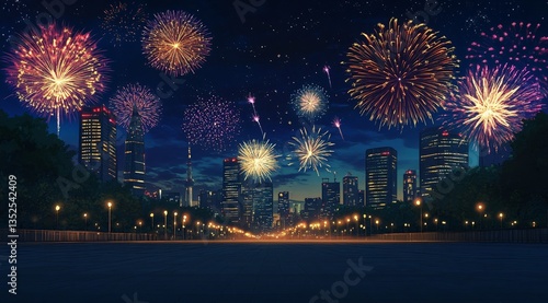 A nighttime cityscape featuring fireworks above, with a spacious square, road surface, and parking lot below, ideal for a car advertisement. The image showcases a modern commercial setting, capturing 