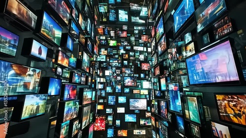 Digital deluge: An overwhelming display of screens showcasing countless images and videos