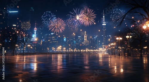 A nighttime cityscape featuring fireworks above, with a spacious square, road surface, and parking lot below, ideal for a car advertisement. The image showcases a modern commercial setting, capturing 