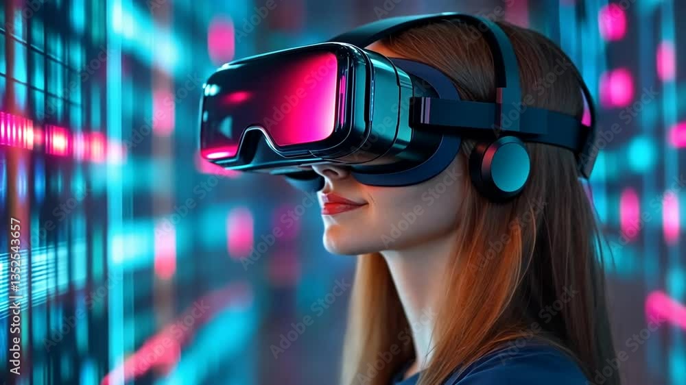 Woman Experiencing Immersive Virtual Reality Neon Background Woman Experiencing Immersive Virtual Reality Neon Background