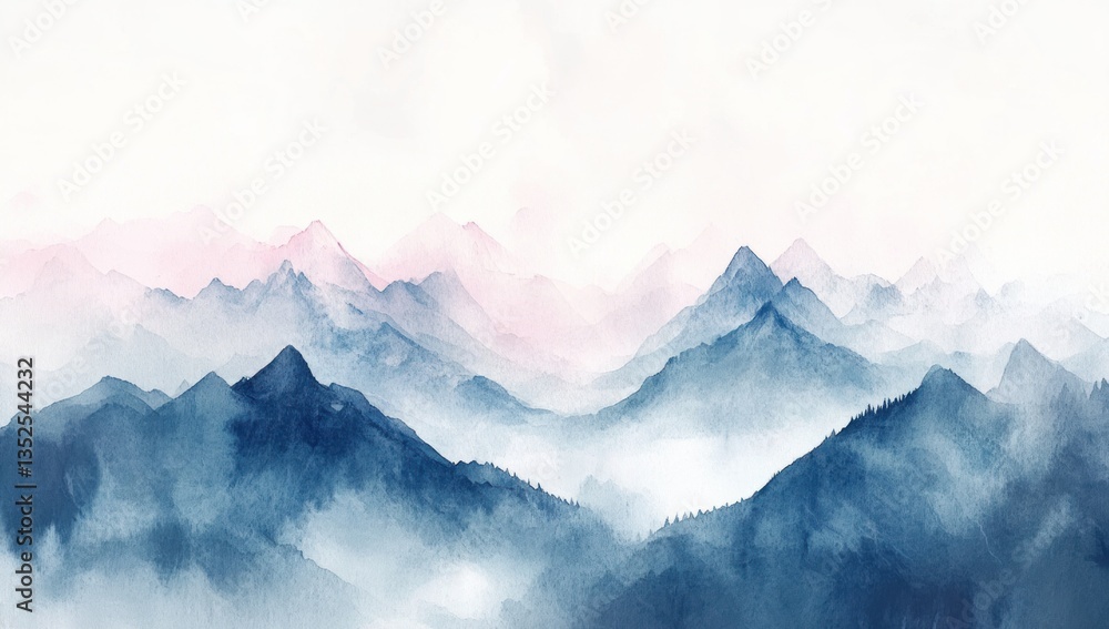 Fototapeta premium Misty blue and pink mountain range landscape.