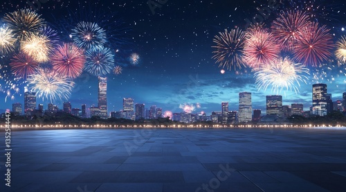 A nighttime cityscape featuring fireworks above, with a spacious square, road surface, and parking lot below, ideal for a car advertisement. The image showcases a modern commercial setting, capturing 