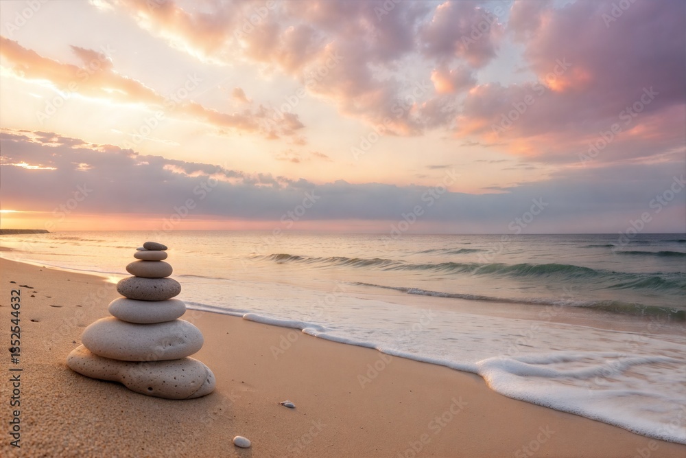 Fototapeta premium Serene Sunrise Beach Scene with Balanced Rocks
