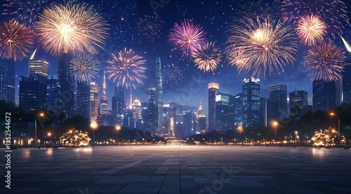 A nighttime cityscape featuring fireworks above, with a spacious square, road surface, and parking lot below, ideal for a car advertisement. The image showcases a modern commercial setting, capturing 