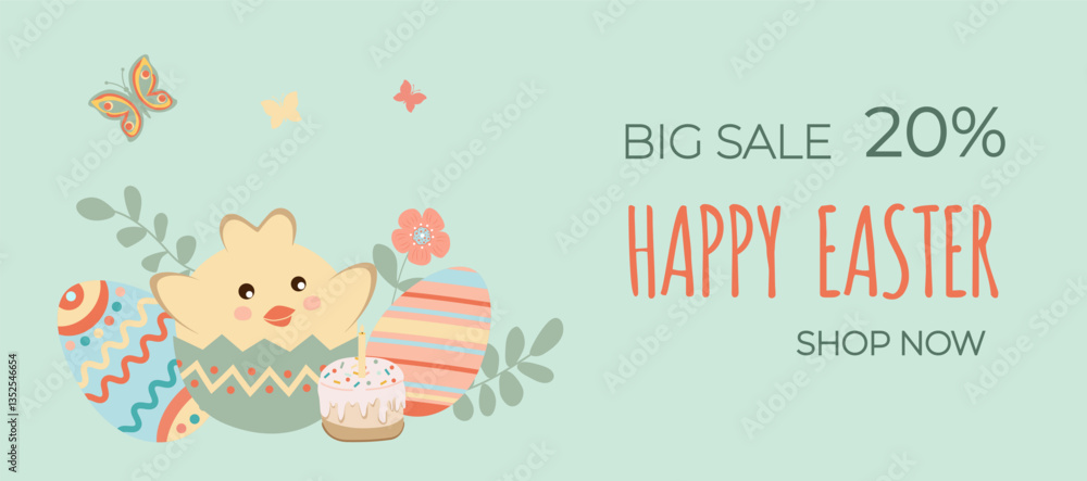 Happy easter sale. Cute chicken and delicious Easter cake with a burning candle, with easter eggs on green background. Can be add text. Design for banner, poster, postcard. Happy easter sale. Cute chicken and delicious Easter cake with a burning candle, with easter eggs on green background. Can be add text. Design for banner, poster, postcard.