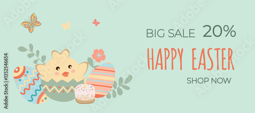 Happy easter sale. Cute chicken and delicious Easter cake with a burning candle, with easter eggs on green background. Can be add text. Design for banner, poster, postcard.