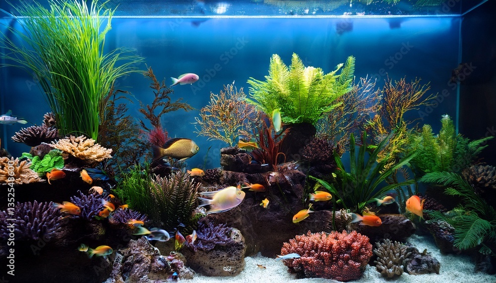 Salt Water nano aquarium with many different colorful fish and plants