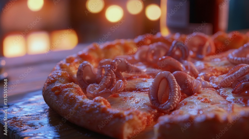 Close Up of Octopus Pizza under Warm Lighting
