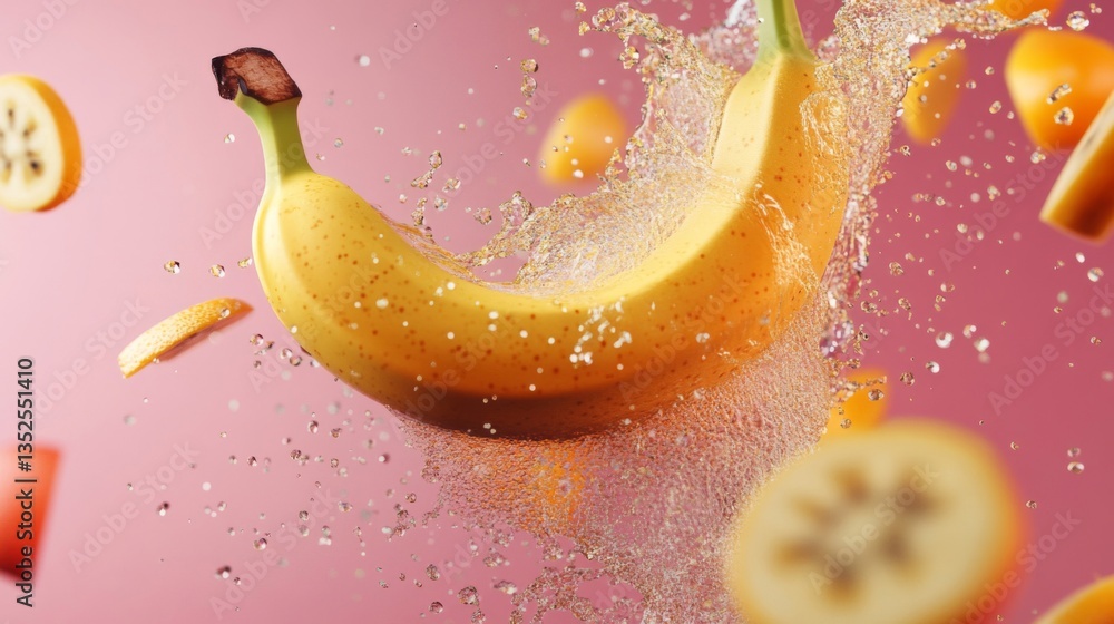 Yellow Banana and Fruit Slices Splashing in Pink