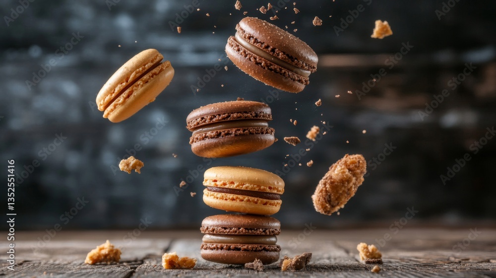 Brown and Beige Macaroons Flying Against Dark Background