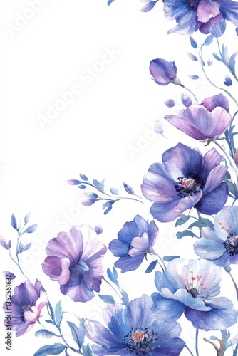 Beautiful watercolor floral arrangement features purple and blue flower blossoms