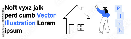 Woman gesturing at vertical risk blocks beside a simple house outline. Ideal for home safety, property risk, awareness, decision-making, education, insurance, simple landing page