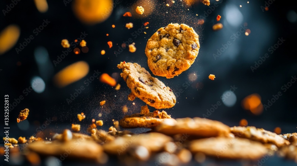 Flying Chocolate Chip And Oatmeal Cookies On Dark Background Flying Chocolate Chip And Oatmeal Cookies On Dark Background