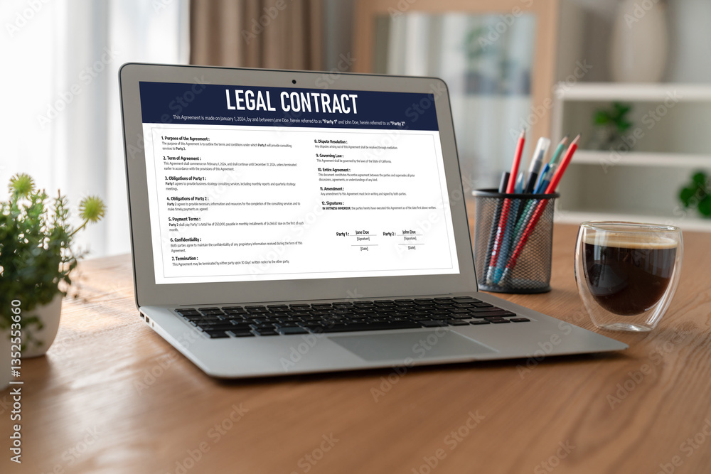 Fototapeta premium Digital legal contract provide terms and conditions document on computer screen ready for online digital signature for deal agreement of future business snugly