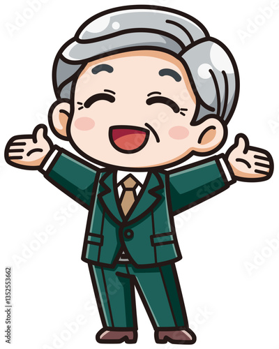 スーツを着た高齢の男性がにっこり笑って両手を大きく広げているベクターイラスト／影ハイライト付き（Vector Illustration of an Elderly Man in a Suit Smiling and Opening Arms Wide / with Shadows and Highlights）