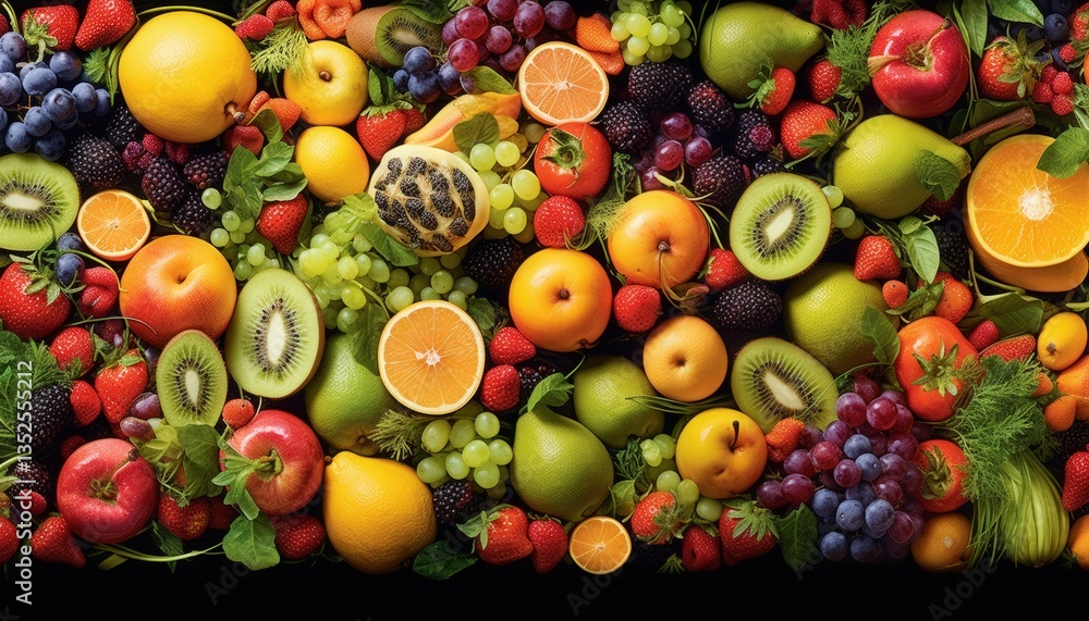 A vibrant assortment of fresh fruits including apples, oranges, kiwis, and berries, artistically arranged on a dark background, perfect for health-related promotions or culinary uses A vibrant assortment of fresh fruits including apples, oranges, kiwis, and berries, artistically arranged on a dark background, perfect for health-related promotions or culinary uses