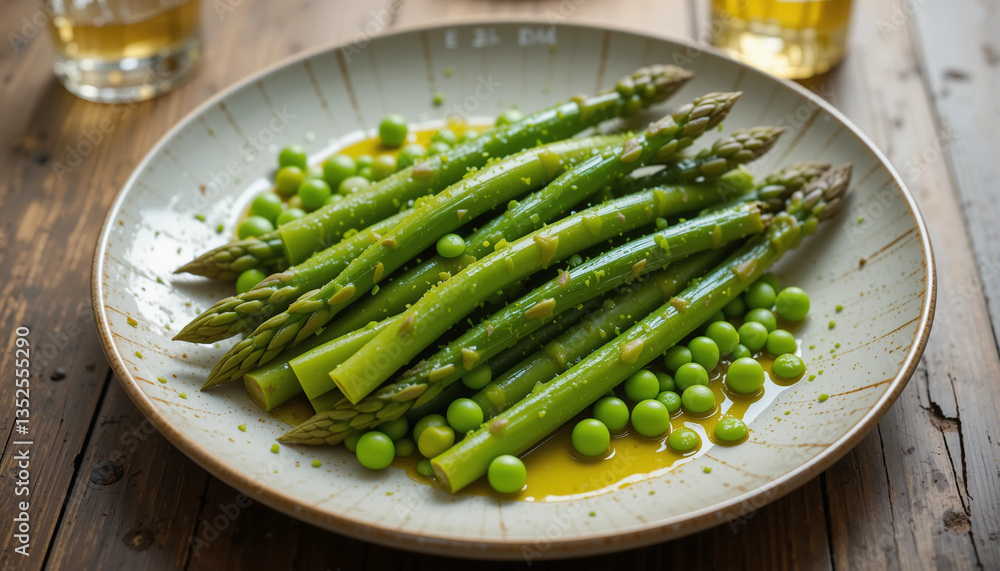 Delicious spring asparagus and green peas drizzled with olive oil on rustic plate Delicious spring asparagus and green peas drizzled with olive oil on rustic plate