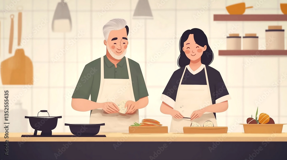 Elderly couple preparing traditional dishes together in a warm kitchen setting Elderly couple preparing traditional dishes together in a warm kitchen setting