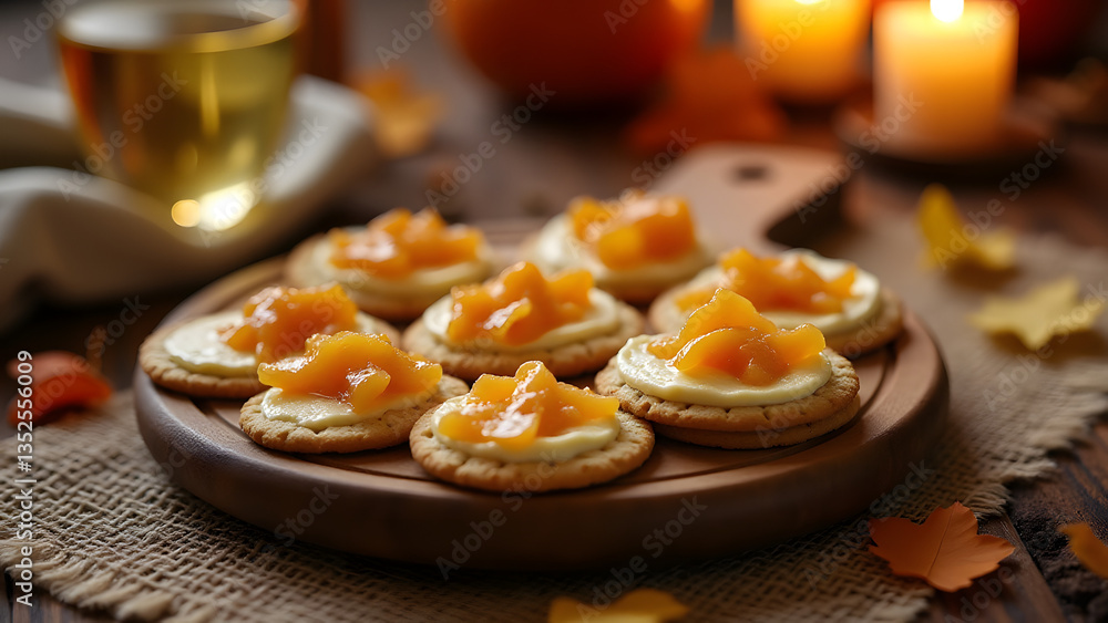 Savory crackers with cheese and apple jam, set in a cozy autumn scene with candlelight and earthy tones. Savory crackers with cheese and apple jam, set in a cozy autumn scene with candlelight and earthy tones.