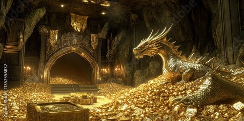 Golden dragon guarding a cave filled with immense amounts of treasure