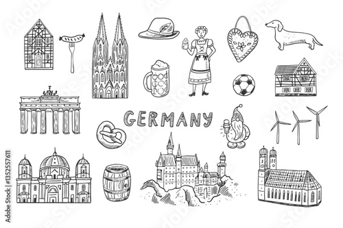 Germany icons. Hand drawn vector doodle illustration. Germany line symbols.