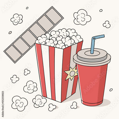 Colorful vector illustration of popcorn in striped box with soda cup and film strip, representing movie night snacks, cinema entertainment, and film culture