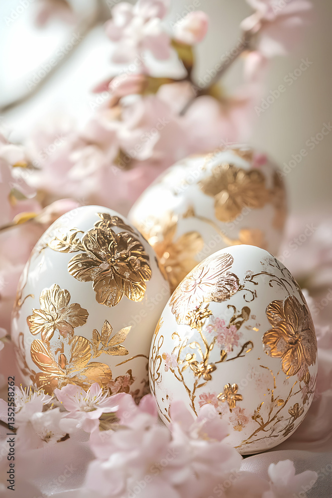 Decorative Easter eggs adorned with gold designs among delicate cherry blossom flowers in a serene spring setting Decorative Easter eggs adorned with gold designs among delicate cherry blossom flowers in a serene spring setting