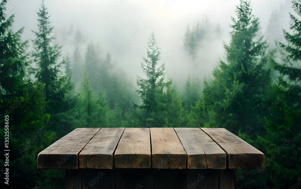 Fototapeta premium A rustic, weathered wood podium standing alone in a misty pine forest