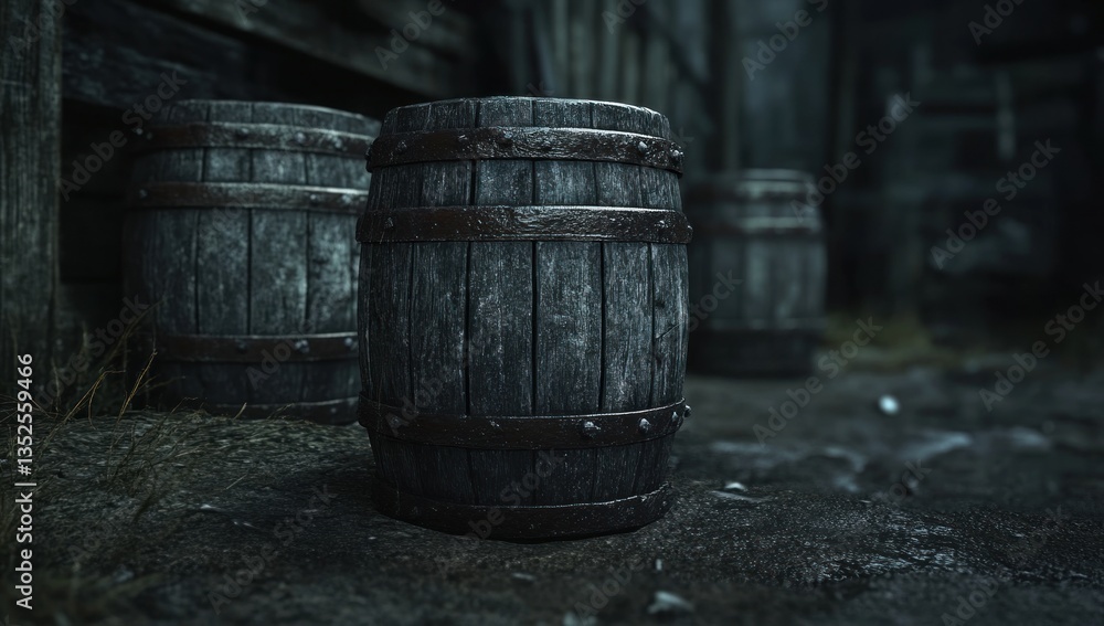 Old wooden barrels in a dark, rustic setting. Old wooden barrels in a dark, rustic setting.